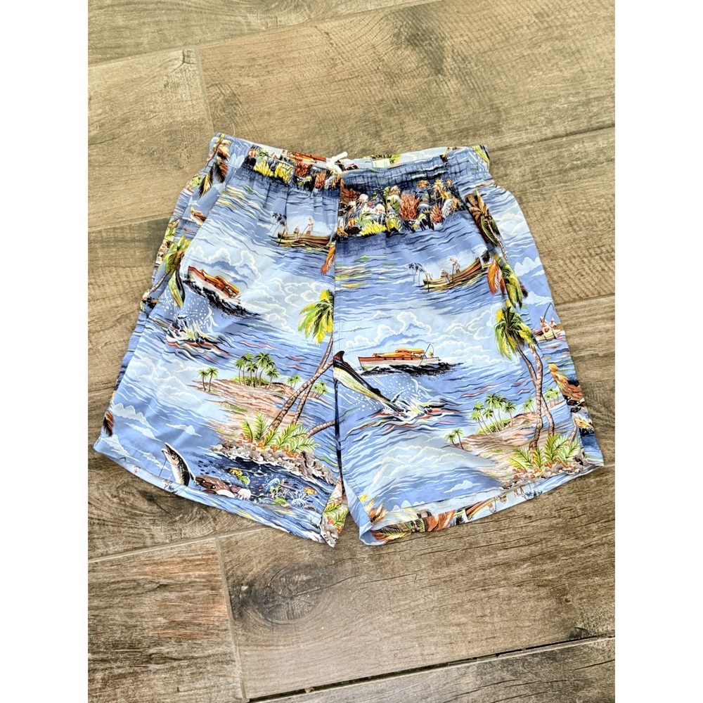 Reyn‎ Spooner VIntage Y2K Hawaiian Fishing Print 7" Swim Board Shorts, Blue, M